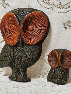 Vintage MCM Owl Foam Resin Wall Plaque Green w Orange Eyes 1970s Set Of 2